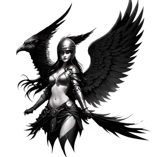 lady warrior angel with the helmet of a phoenix  tattoo design idea