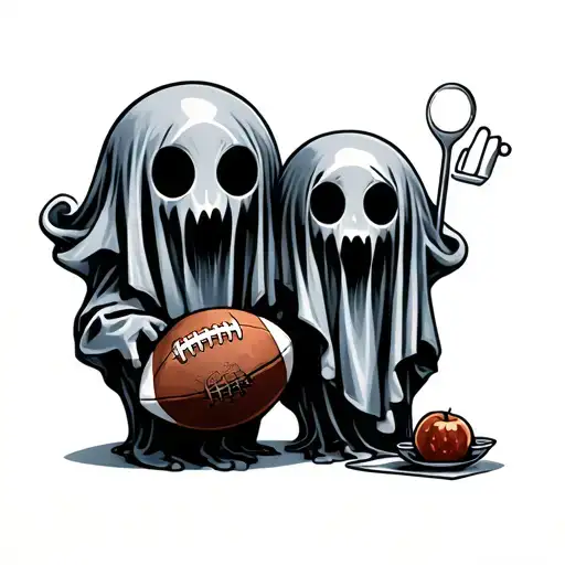 two tiny ghost one with a football ball and one with a kitchen ustensile  tattoo design idea