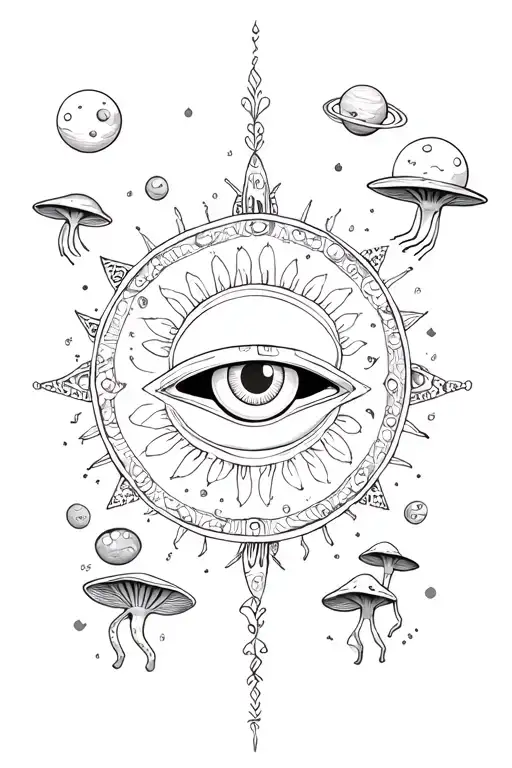 Big Mandala around with aliens with a third eye looking, with mushrooms and little planets  tattoo design idea
