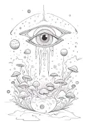 Big Mandala around with aliens with a third eye looking, with mushrooms and little planets  tattoo design idea