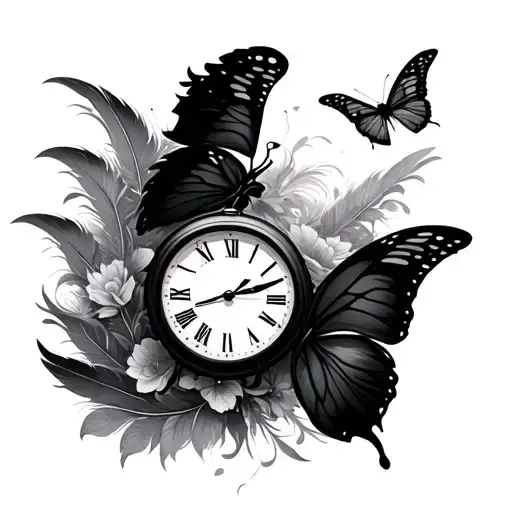 feathers soaring, butterflies clocks tattoo design idea