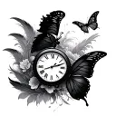 feathers soaring, butterflies clocks tattoo design idea