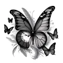 feathers soaring, butterflies clocks tattoo design idea
