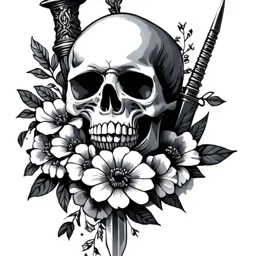skull and dagger tattoo with flowers tattoo design idea