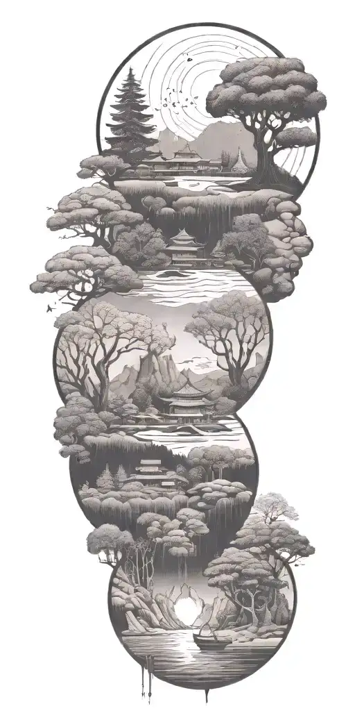 budism symbols that are uncommon. focus on nature, scenery and being grounded while on a spiritual journey tattoo design idea