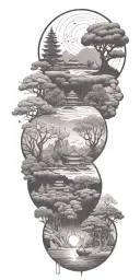 budism symbols that are uncommon. focus on nature, scenery and being grounded while on a spiritual journey tattoo design idea