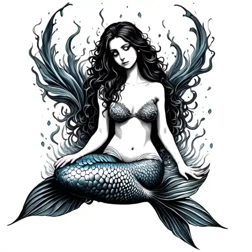 sitting mermaid flowy tail arms behind tattoo design idea