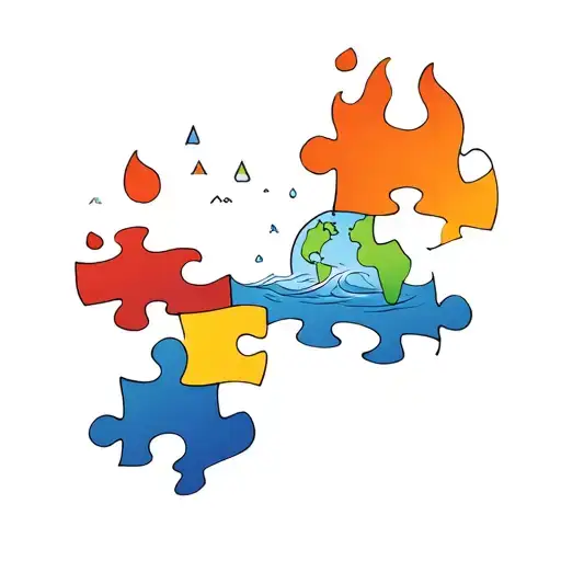 puzzle pieces incorporating elements like fire, water, earth air tattoo design idea