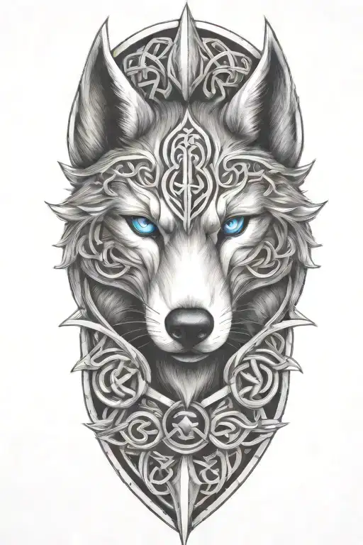 wolf with blue eyes on armor tattoo design featuring Celtic trinity knot  tattoo design idea