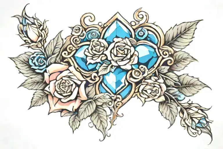 blue jewel surrounded by roses tattoo design idea
