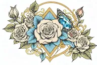 blue jewel surrounded by roses tattoo design idea
