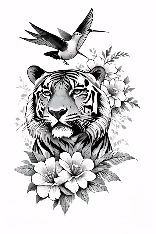 tiger, hummingbird and flowers tattoo design idea