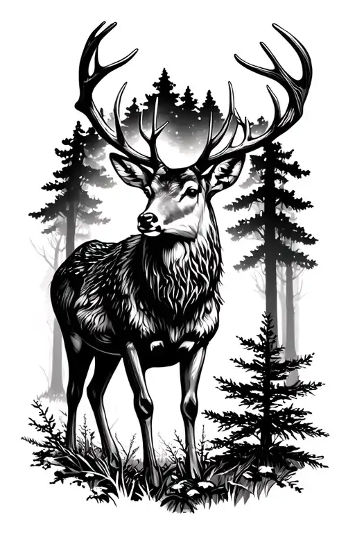 deer with antlers standing in a forest  tattoo design idea