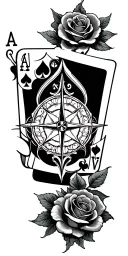 filigree design with playing cards, compass and roses tattoo design idea