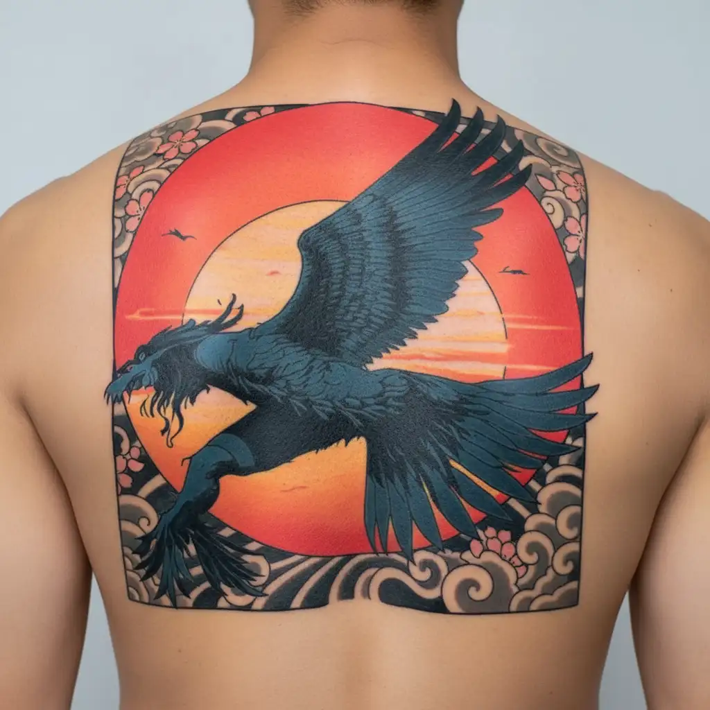 icarus with japanese rising sun setting tattoo design idea
