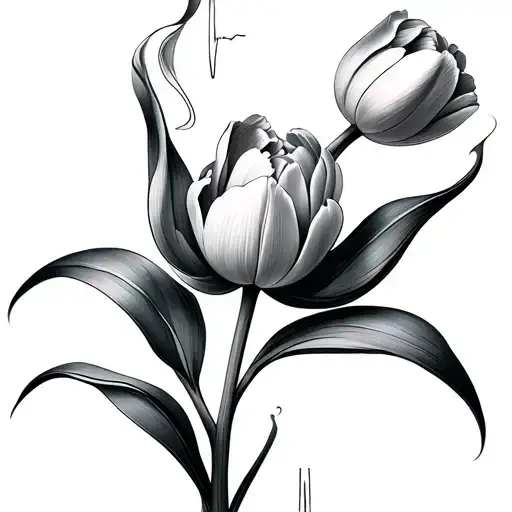 heartbeat line transforming into tulip, tattoo style, detailed, fine line tattoo design idea