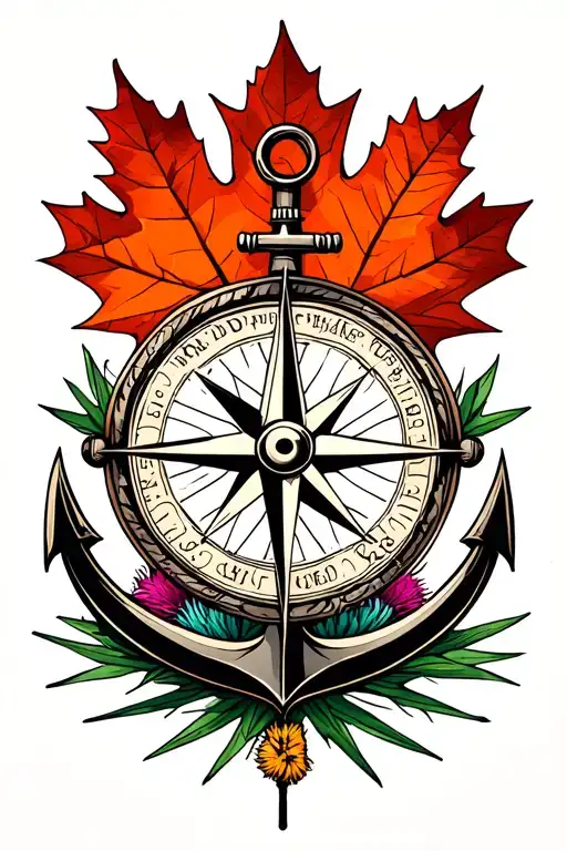 Geometric Compass, Ships Anchor, Maple Leaf, Thistle, Text Banner tattoo design idea