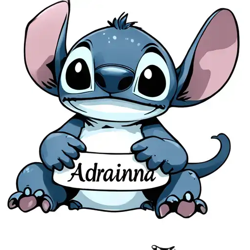 “Tattoo of the character Stitch holding the name Adriana in his hands, tender but elegant cartoon style, lines tattoo design idea