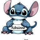 “Tattoo of the character Stitch holding the name Adriana in his hands, tender but elegant cartoon style, lines tattoo design idea