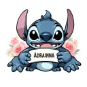 “Tattoo of the character Stitch holding the name Adriana in his hands, tender but elegant cartoon style, lines tattoo design idea