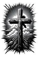 three crosses with clouds and sunrays radiating tattoo design idea