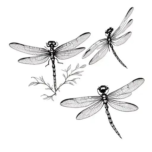 3 fine line dragonflies flying, one slightly bigger, 2 dainty flying above tattoo design idea
