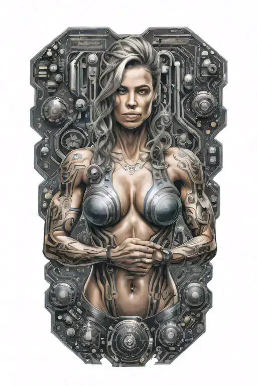 aesthetic bodybuilder muscular women with technology circuits vectors board merging tattoo design idea
