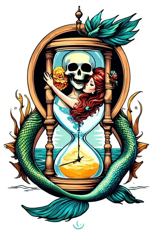 mermaid and reaper circling an hourglass tattoo design idea