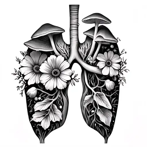 mushrooms and flowers growing out of lungs   tattoo design idea