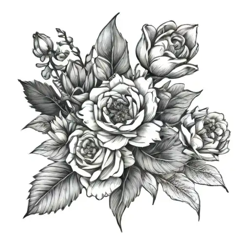 feburary, march, june, december birth flower bouquet tattoo design idea
