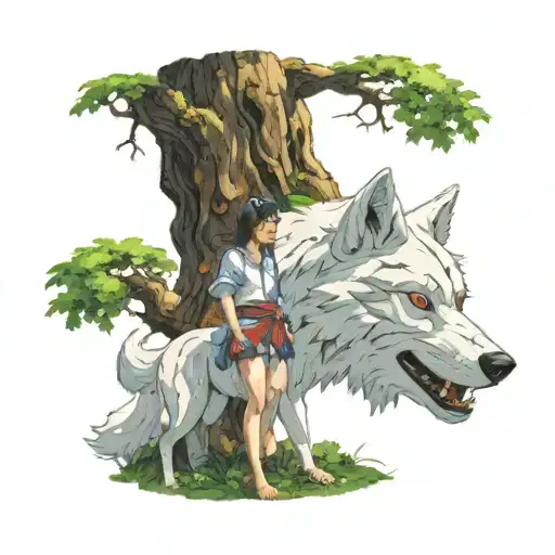 Princess Mononoke, with a wolf, background is a large tree filled with Kodama tattoo design idea