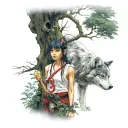 Princess Mononoke, with a wolf, background is a large tree filled with Kodama tattoo design idea
