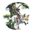 Princess Mononoke, with a wolf, background is a large tree filled with Kodama tattoo design idea