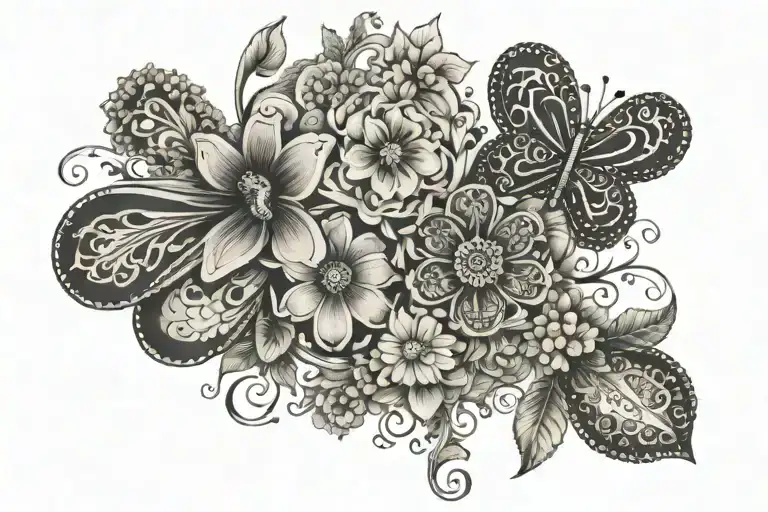 ornamental with beatles and flowers intertwined tattoo design idea