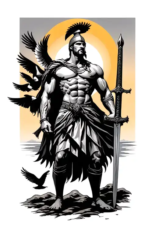 Make me a tattoo with a Spartan standing in very muscular profile holding a sword with birds and a sun tattoo design idea