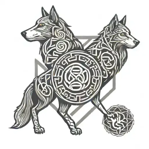 WolfRam inscription in the style of Celtic runes, also a wolf on the left and a ram on the right tattoo design idea
