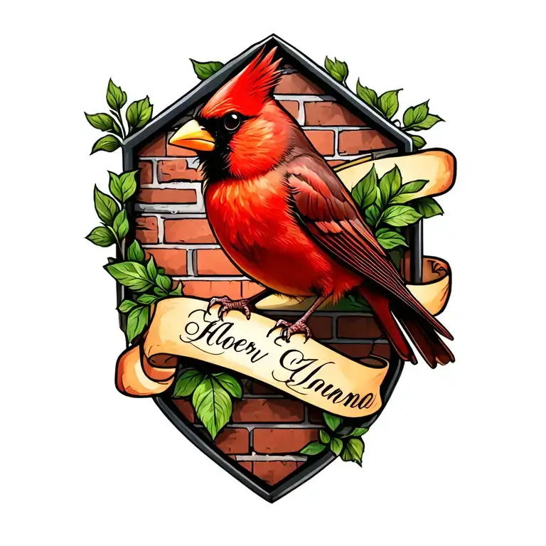 A tattoo design of a red cardinal perched on a brick wall, with a banner wrapped around it containing your father's name and a tribute to your mother's battle against cancer, symbolizing strength and love in the face of adversity tattoo design idea