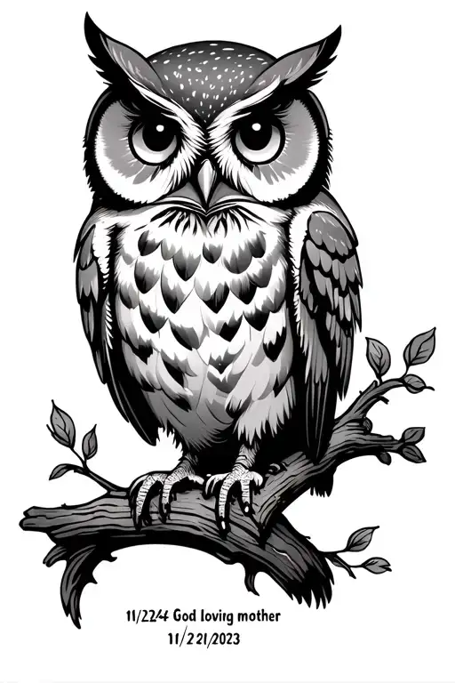 an owl with items from a teacher and God loving mother, with the birthdate 11/24/54 and death date 3/21/2023 tattoo design idea