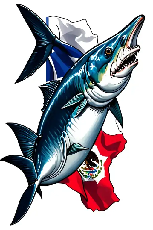  barracuda pointing upwards, with a sleek, silvery-black - white torpedo body, behind the Texas flag and Mexico flag  tattoo design idea