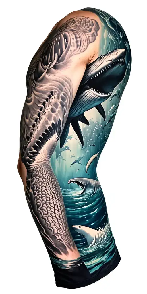 Arm sleeve with patch work style tattoo of different sea animals black and white realism design use a whale shark, hamme tattoo design idea