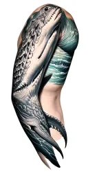 Arm sleeve with patch work style tattoo of different sea animals black and white realism design use a whale shark, hamme tattoo design idea