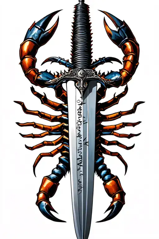 Scorpio with a sword in place of the sting facing down symbolizing a cross, with a writing on the blade, death tattoo design idea