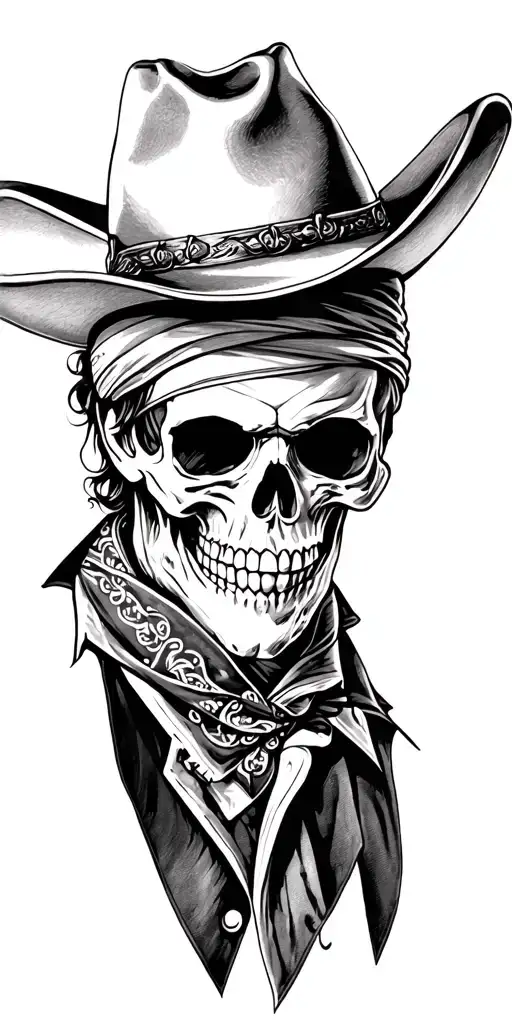 western style tattoo featuring outlaw skull wearing a cowboy hat and bandanna over his face tattoo design idea