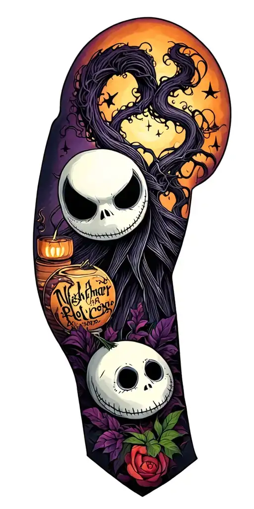 nightmare before christmas and hocus pocus theme sleeve tattoo design idea