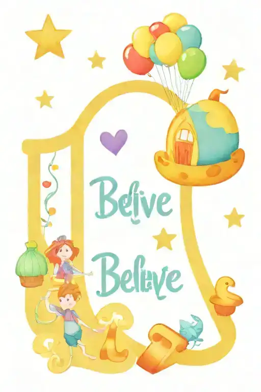 A colorful and playful tattoo design incorporating characters from Disney movies such as Up, Tangled, and Cinderella. Include elements like the floating house from Up, Pascal from Tangled, and Gus holding a piece of cheese. Add in the word 'believe' in a whimsical font. tattoo design idea