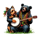 black bearin the mountains playing a banjo with a yorkie and bob marley tattoo design idea