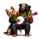 black bearin the mountains playing a banjo with a yorkie and bob marley tattoo design idea