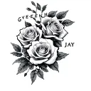 the names Gyeong-eun & Jay with roses on the right forearm sleeve tattoo tattoo design idea