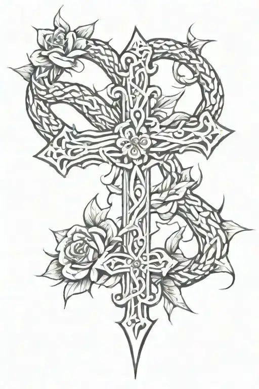a 3D cross with a snake covered in rose thorns around it tattoo design idea
