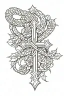 a 3D cross with a snake covered in rose thorns around it tattoo design idea